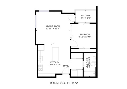 Floor plan for 1 bed, 1 bath, 672 sqft